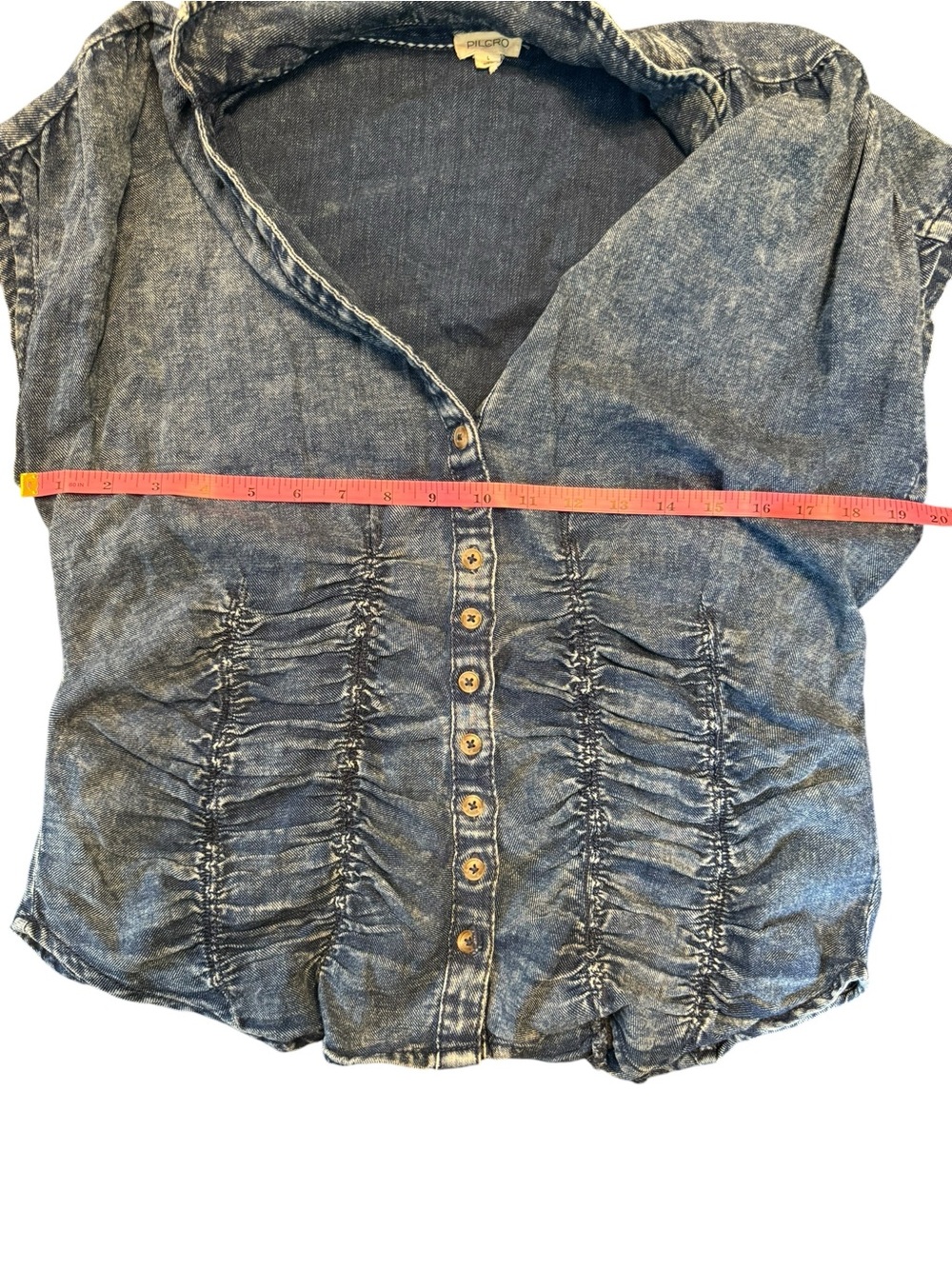 Pilcro Anthropologie Denim Ruched Button Front Top Size Large Chambray Blouse - Picture 7 of 7